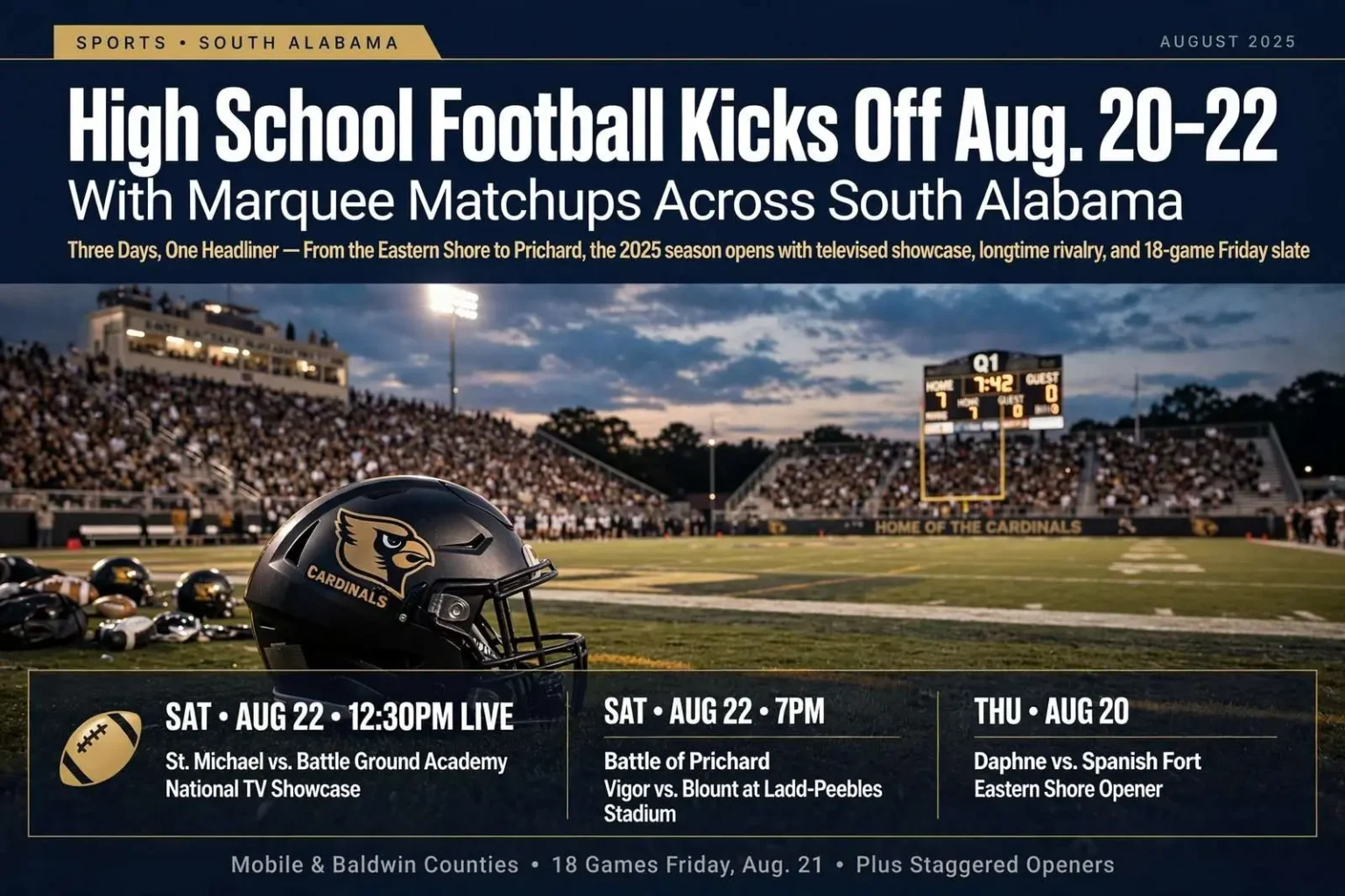Illustration for the news story: High School Football Kicks Off Aug. 20-22 With Marquee Matchups Across South Alabama