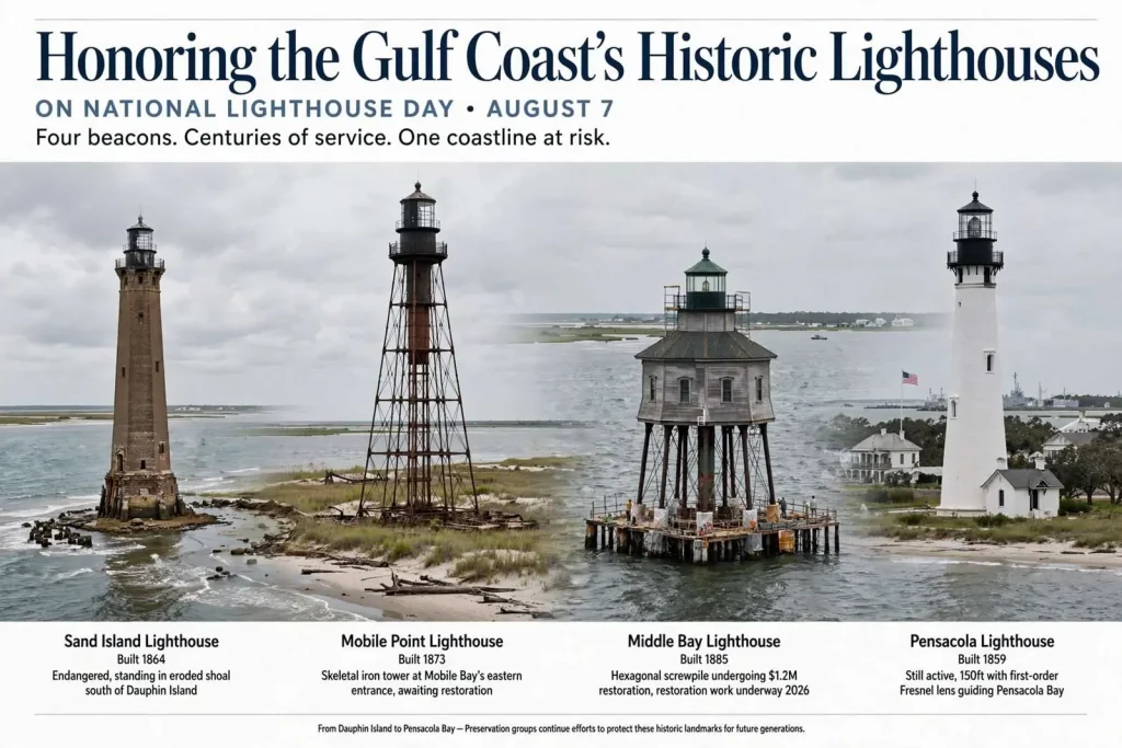 Illustration for the news story: Honoring the Gulf Coast’s Historic Lighthouses on National Lighthouse Day