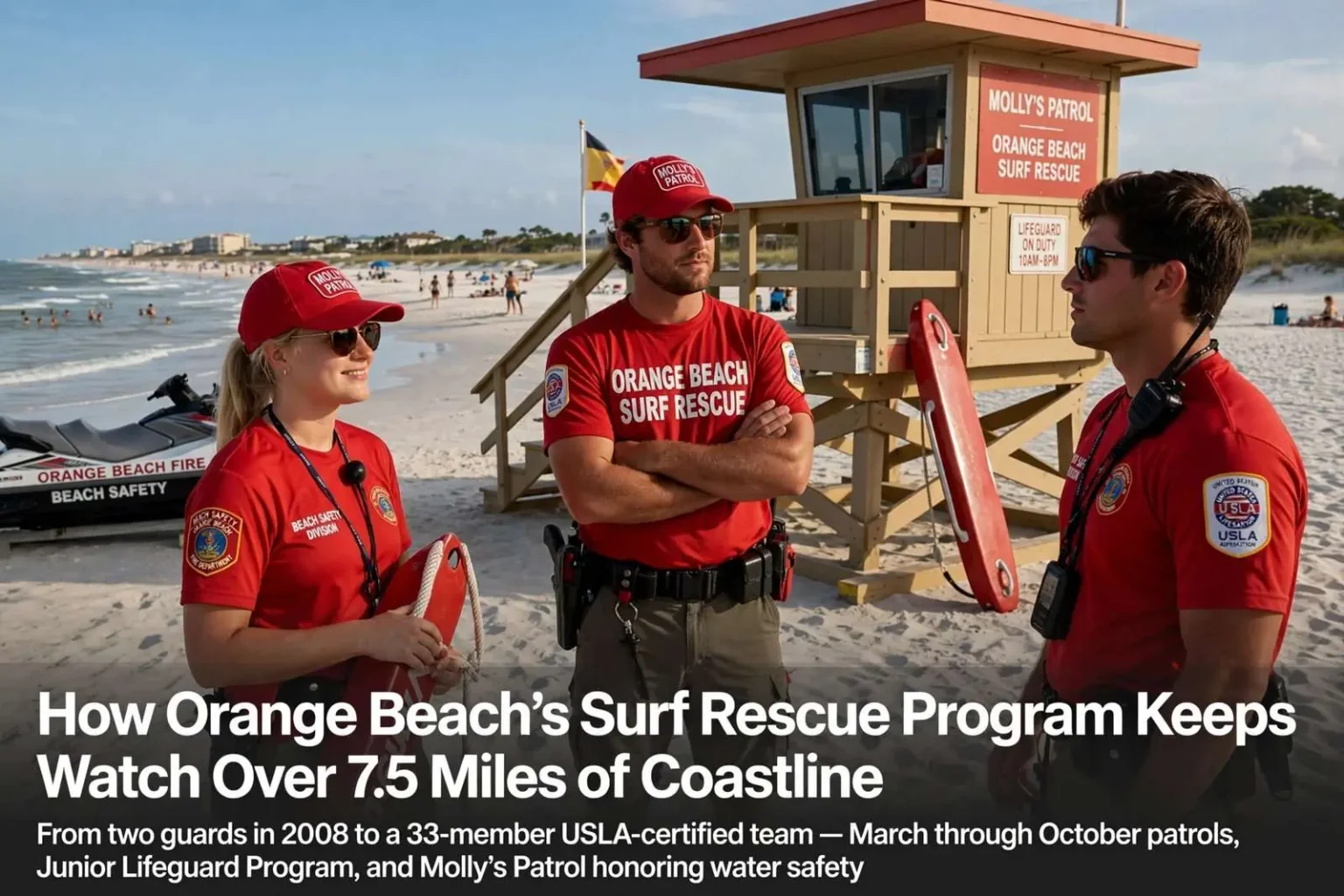 Illustration for the news story: How Orange Beach’s Surf Rescue Program Keeps Watch Over 7.5 Miles of Coastline