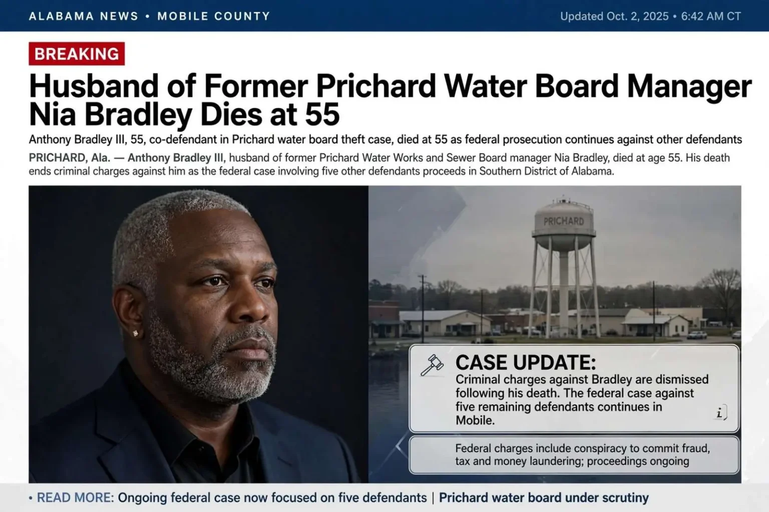 Illustration for the news story: Husband of Former Prichard Water Board Manager Nia Bradley Dies at 55