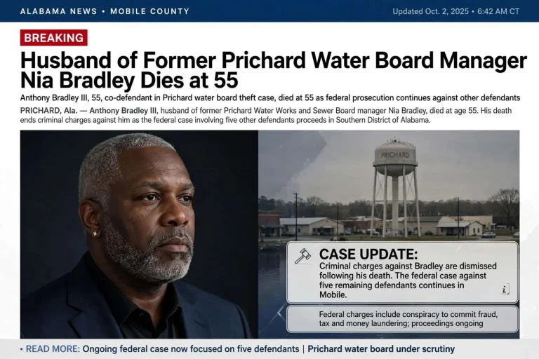 Illustration for the news story: Husband of Former Prichard Water Board Manager Nia Bradley Dies at 55