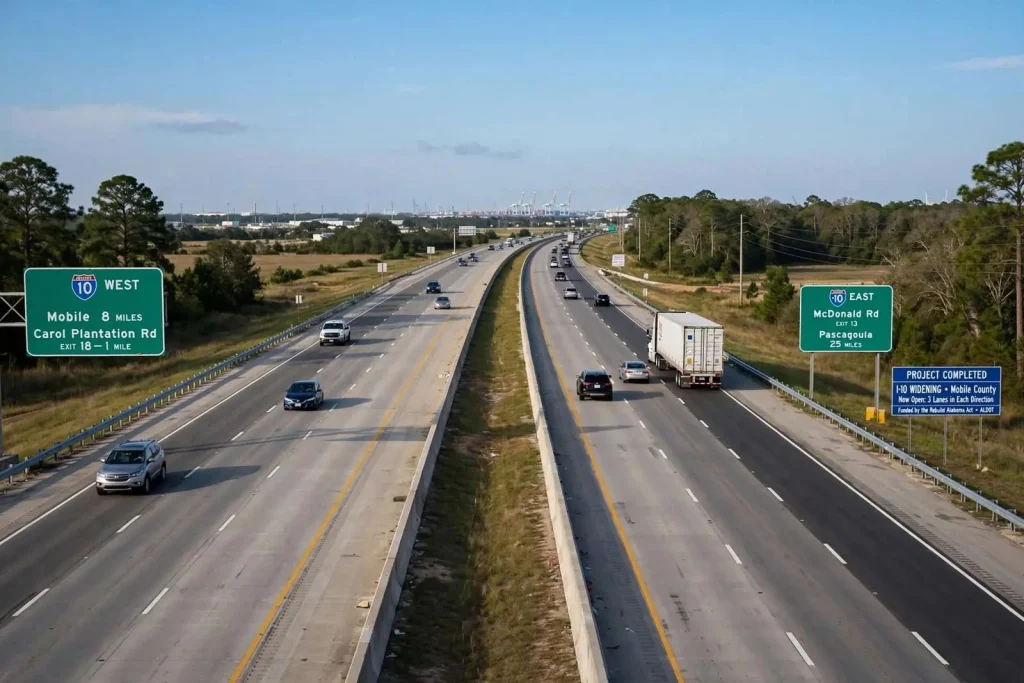 Illustration for the news story: I-10 Widening Project in Mobile County Adds Third Lane in Each Direction