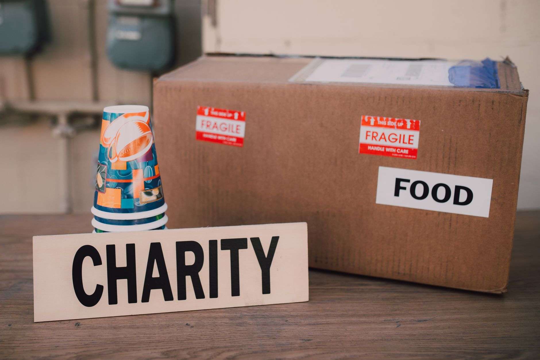 Boxes of donated supplies representing community grant support for local nonprofits