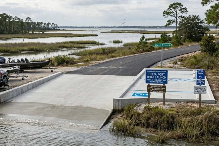Illustration for the news story: Improved Delta Port Boat Launch in Coden Set to Reopen Friday