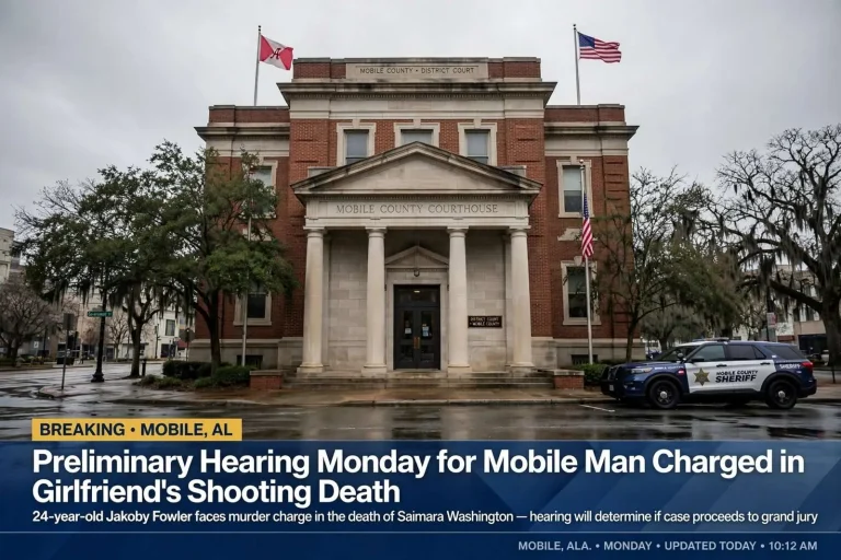 Illustration for the news story: Preliminary Hearing Monday for Mobile Man Charged in Girlfriend’s Shooting Death