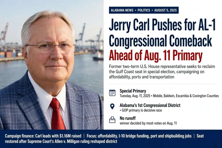 Illustration for the news story: Jerry Carl Pushes for AL-1 Congressional Comeback Ahead of Aug. 11 Primary