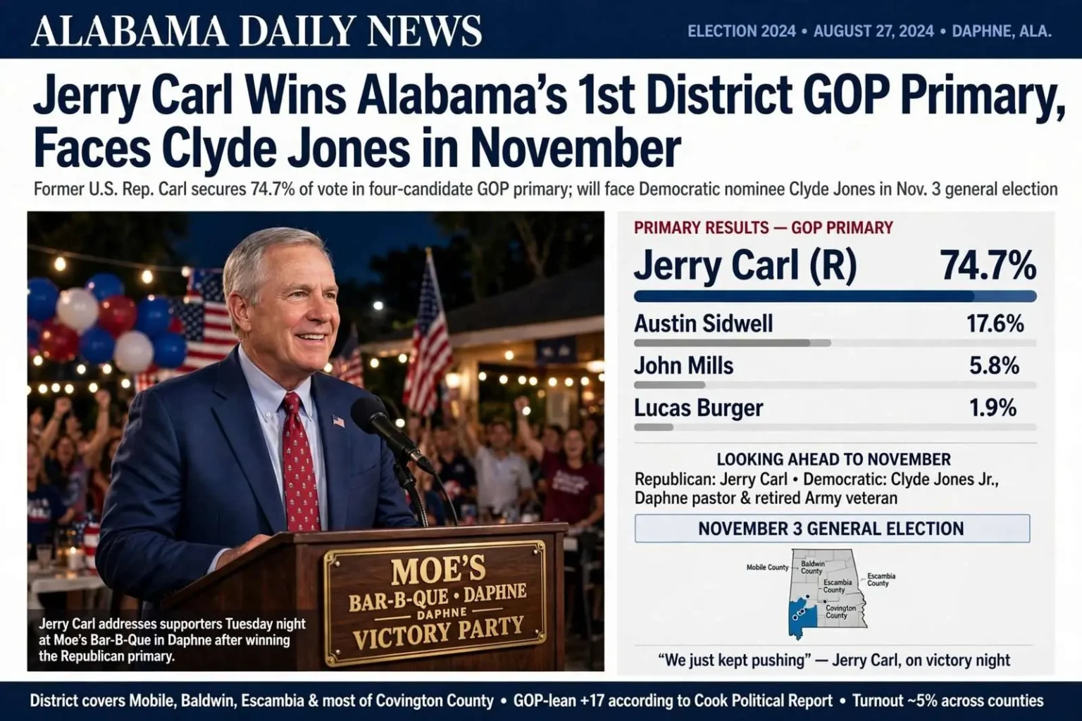 Illustration for the news story: Jerry Carl Wins Alabama’s 1st District GOP Primary, Faces Clyde Jones in November