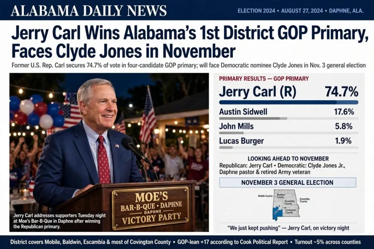Illustration for the news story: Jerry Carl Wins Alabama’s 1st District GOP Primary, Faces Clyde Jones in November