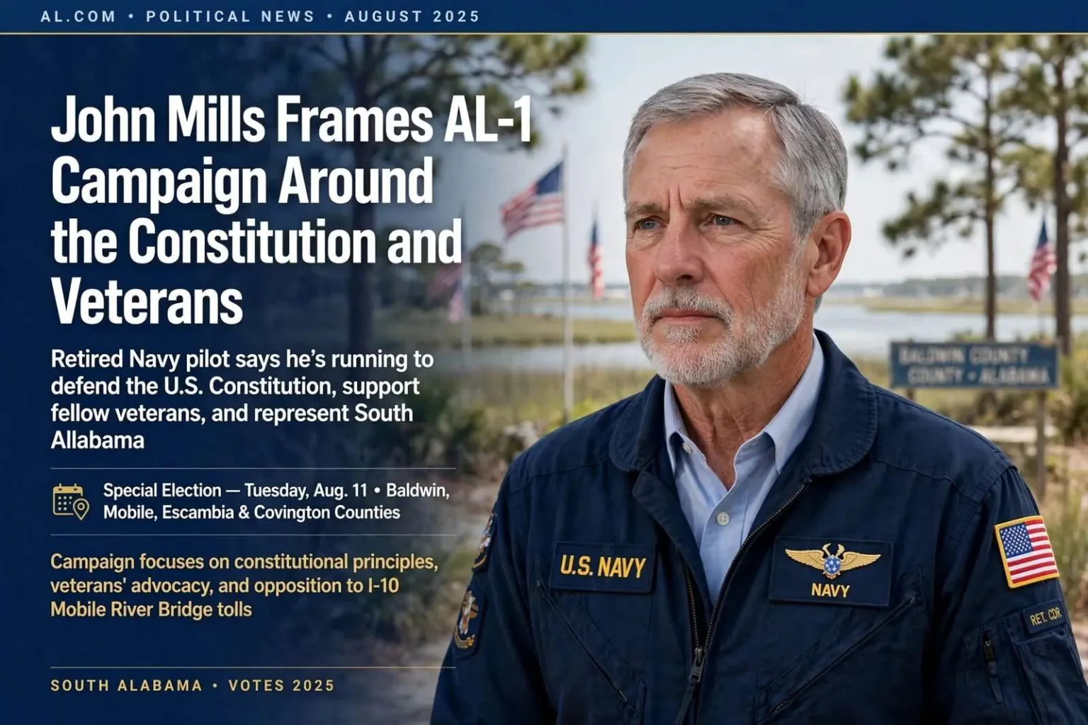 Illustration for the news story: John Mills Frames AL-1 Campaign Around the Constitution and Veterans