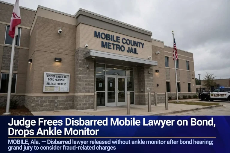 Illustration for the news story: Judge Frees Disbarred Mobile Lawyer on Bond, Drops Ankle Monitor