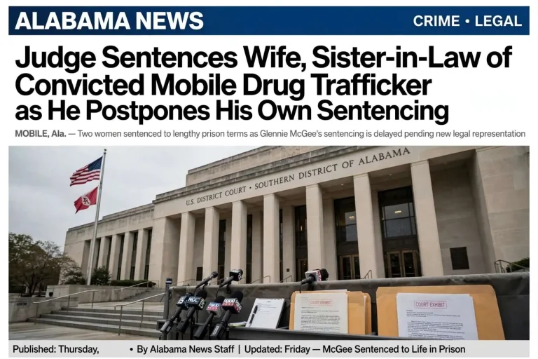 Illustration for the news story: Judge Sentences Wife, Sister-in-Law of Convicted Mobile Drug Trafficker as He Postpones His Own Sentencing