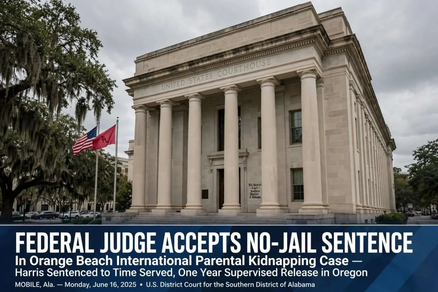 Illustration for the news story: Federal Judge Accepts No-Jail Sentence in Orange Beach International Parental Kidnapping Case