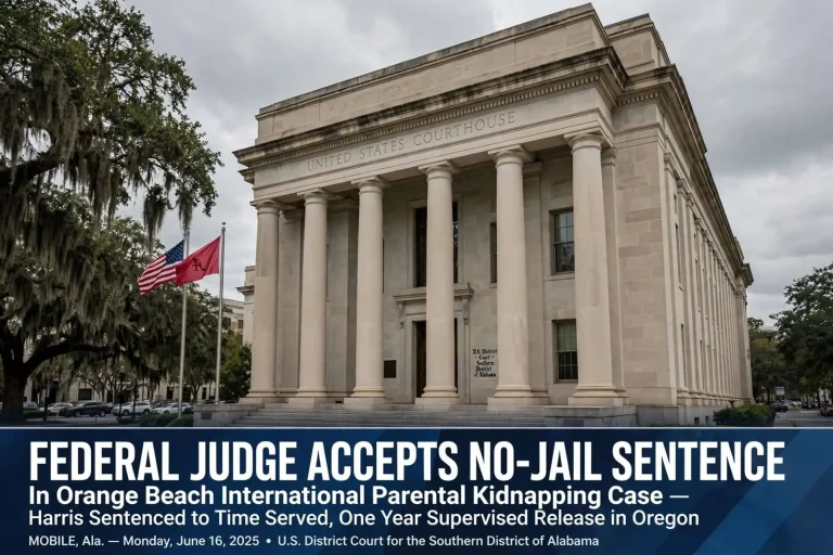 Illustration for the news story: Federal Judge Accepts No-Jail Sentence in Orange Beach International Parental Kidnapping Case