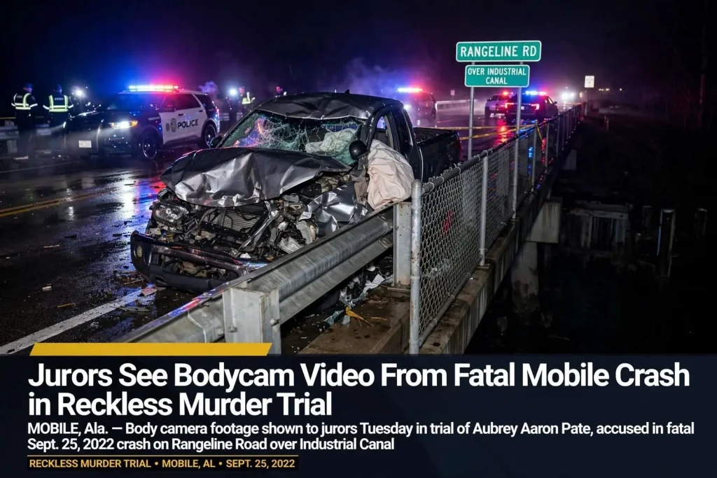 Illustration for the news story: Jurors See Bodycam Video From Fatal Mobile Crash in Reckless Murder Trial