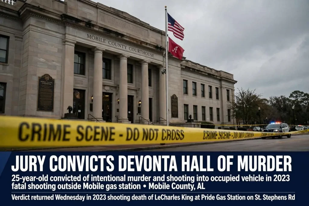 Illustration for the news story: Jury Convicts Devonta Hall of Murder in 2023 Fatal Shooting Outside Mobile Gas Station