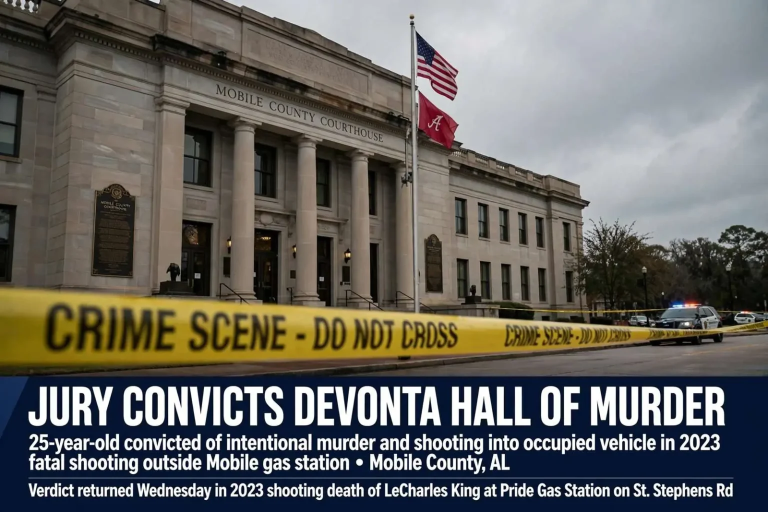 Illustration for the news story: Jury Convicts Devonta Hall of Murder in 2023 Fatal Shooting Outside Mobile Gas Station