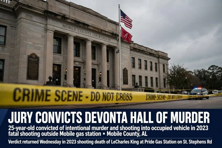 Illustration for the news story: Jury Convicts Devonta Hall of Murder in 2023 Fatal Shooting Outside Mobile Gas Station