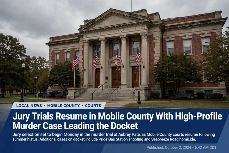 Illustration for the news story: Jury Trials Resume in Mobile County With High-Profile Murder Case Leading the Docket