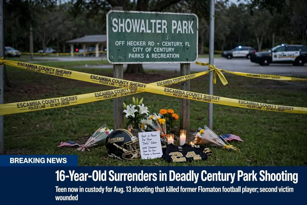 Illustration for the news story: 16-Year-Old Surrenders in Deadly Century Park Shooting That Killed a Former Flomaton Football Player