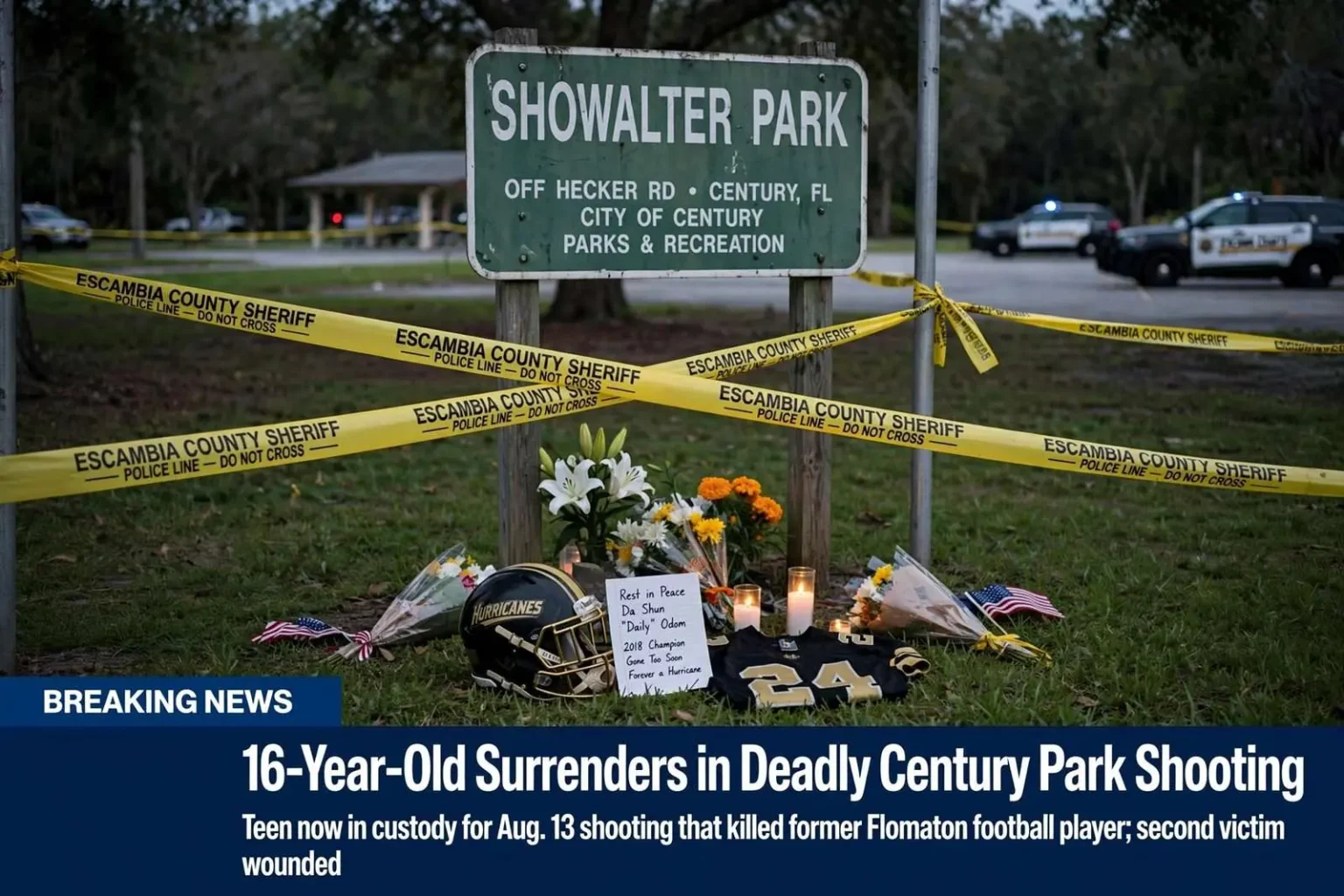 Illustration for the news story: 16-Year-Old Surrenders in Deadly Century Park Shooting That Killed a Former Flomaton Football Player