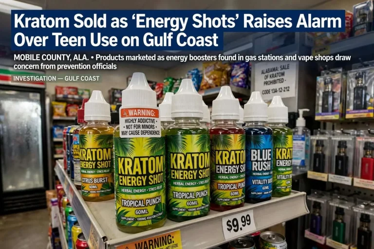 Illustration for the news story: Kratom Sold as ‘Energy Shots’ Raises Alarm Over Teen Use on Gulf Coast