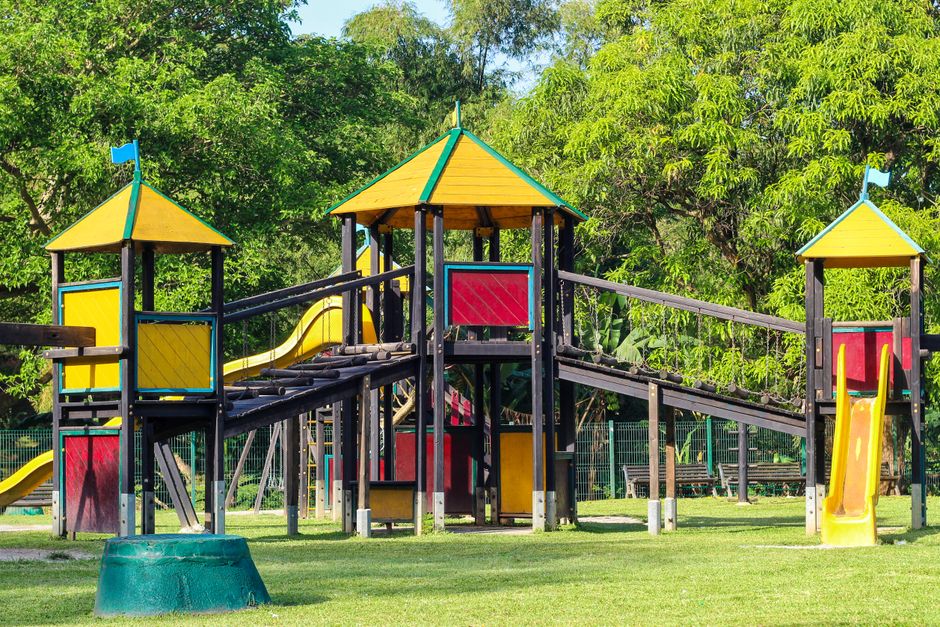 Colorful playground equipment at Lavretta Park in Mobile, Alabama