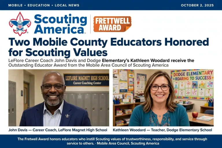 Illustration for the news story: LeFlore Career Coach John Davis, Dodge Elementary’s Kathleen Woodard Honored for Scouting Values
