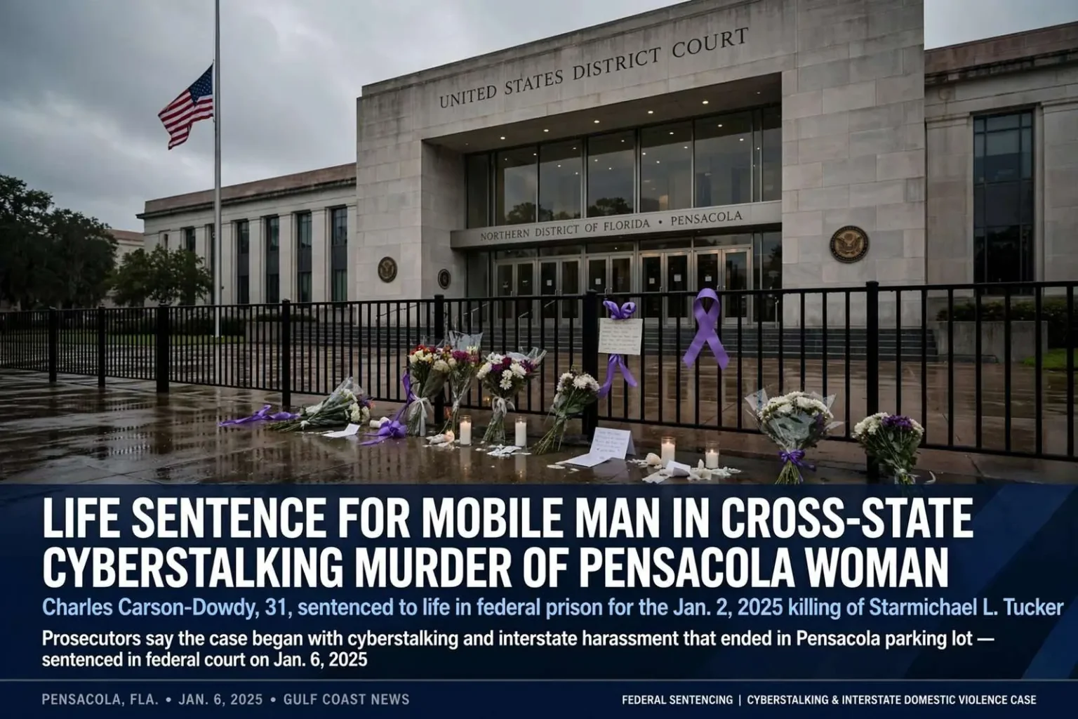Illustration for the news story: Life Sentence for Mobile Man in Cross-State Cyberstalking Murder of Pensacola Woman