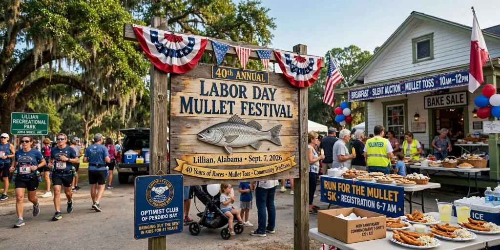 Illustration for the news story: Lillian’s Mullet Festival Marks 40 Years of Races, Tosses and Small-Town Tradition