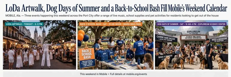 Illustration for the news story: LoDa Artwalk, Dog Days of Summer and a Back-to-School Bash Fill Mobile’s Weekend Calendar