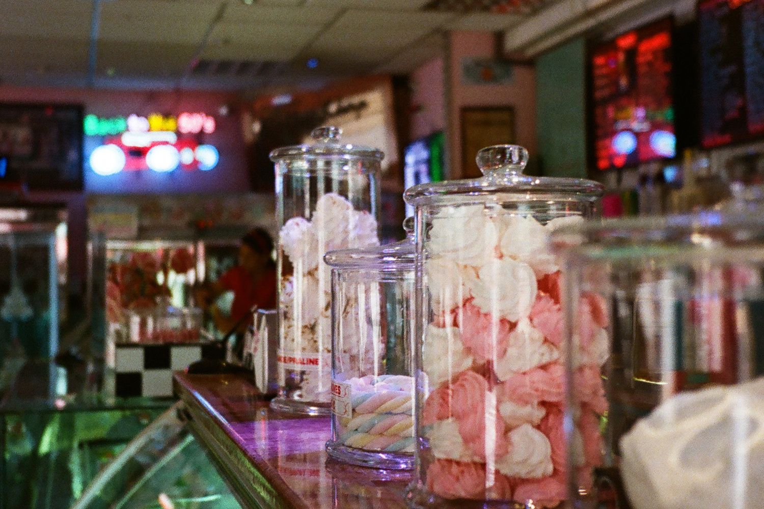 An ice cream shop counter with dessert offerings