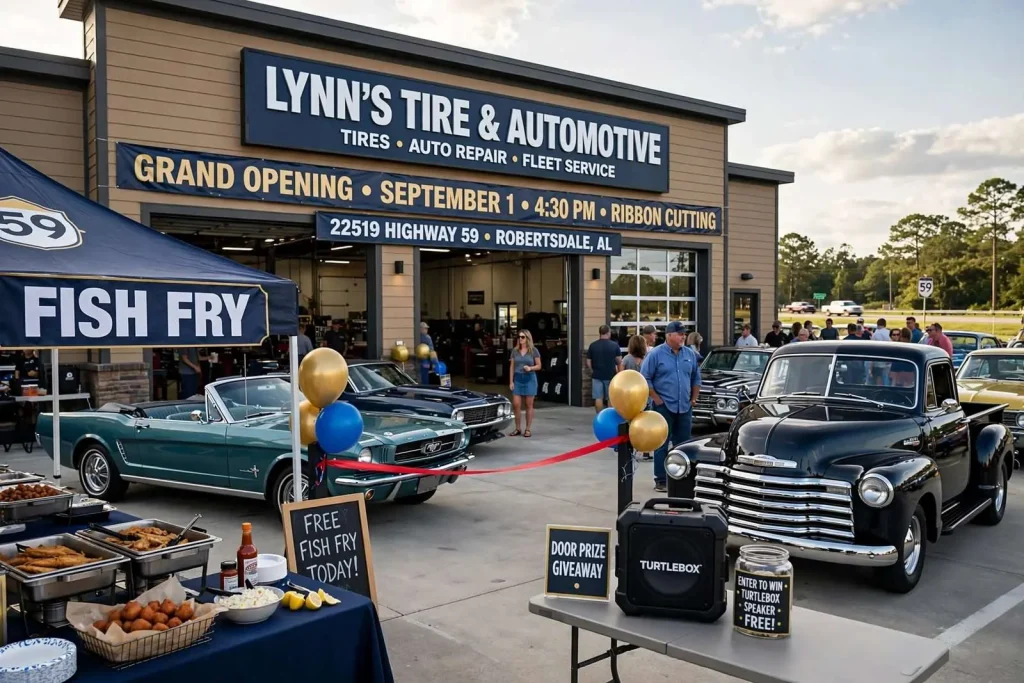 Illustration for the news story: Lynn’s Tire & Automotive Plans Sept. 1 Grand Opening in Robertsdale With Classic Cars and a Fish Fry