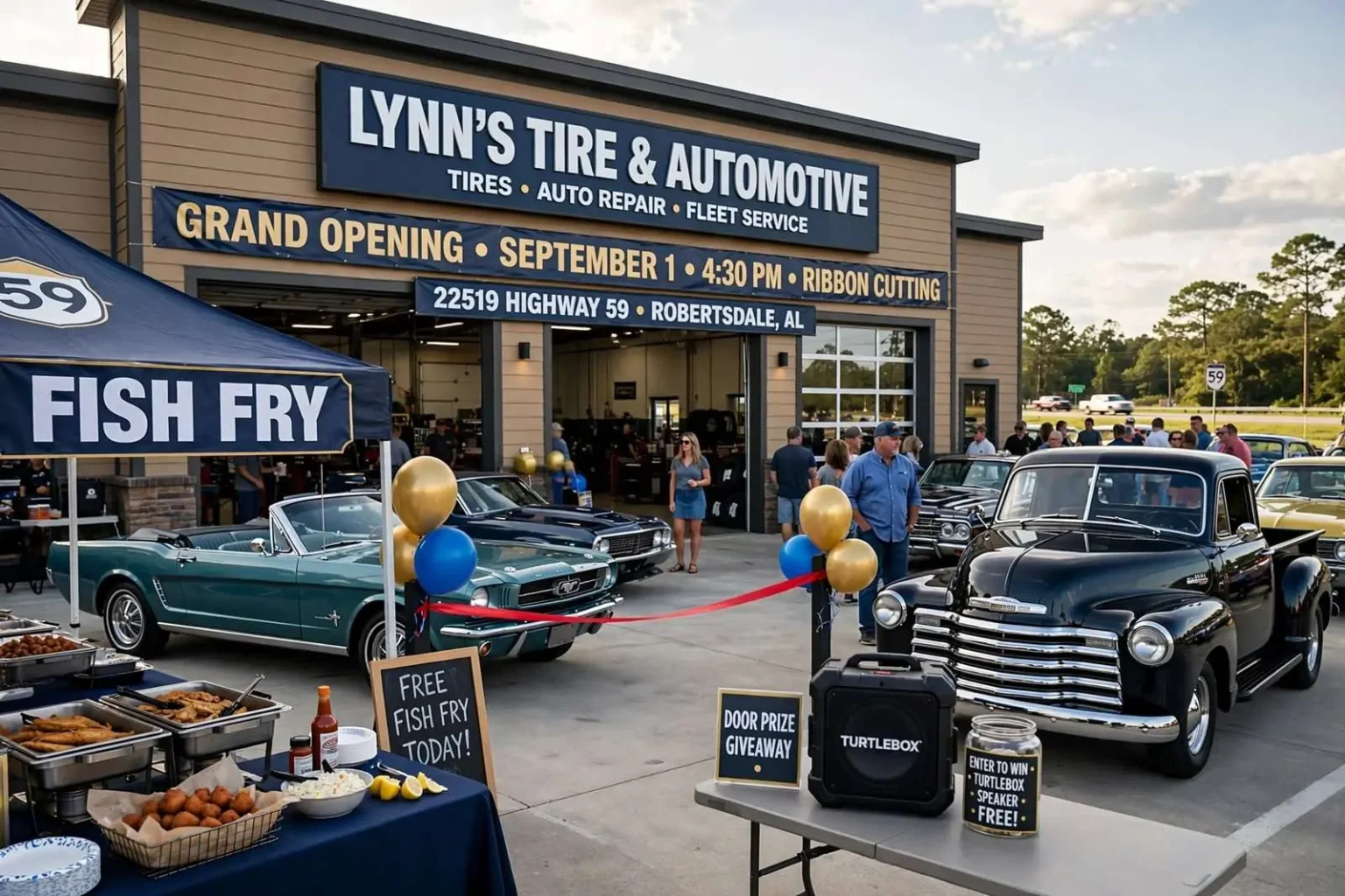 Illustration for the news story: Lynn’s Tire & Automotive Plans Sept. 1 Grand Opening in Robertsdale With Classic Cars and a Fish Fry