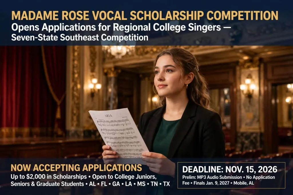 Illustration for the news story: Madame Rose Vocal Scholarship Competition Opens Applications for Regional College Singers