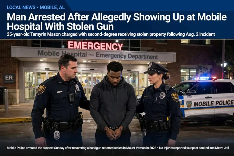 Illustration for the news story: Man Arrested After Allegedly Showing Up at Mobile Hospital With Stolen Gun
