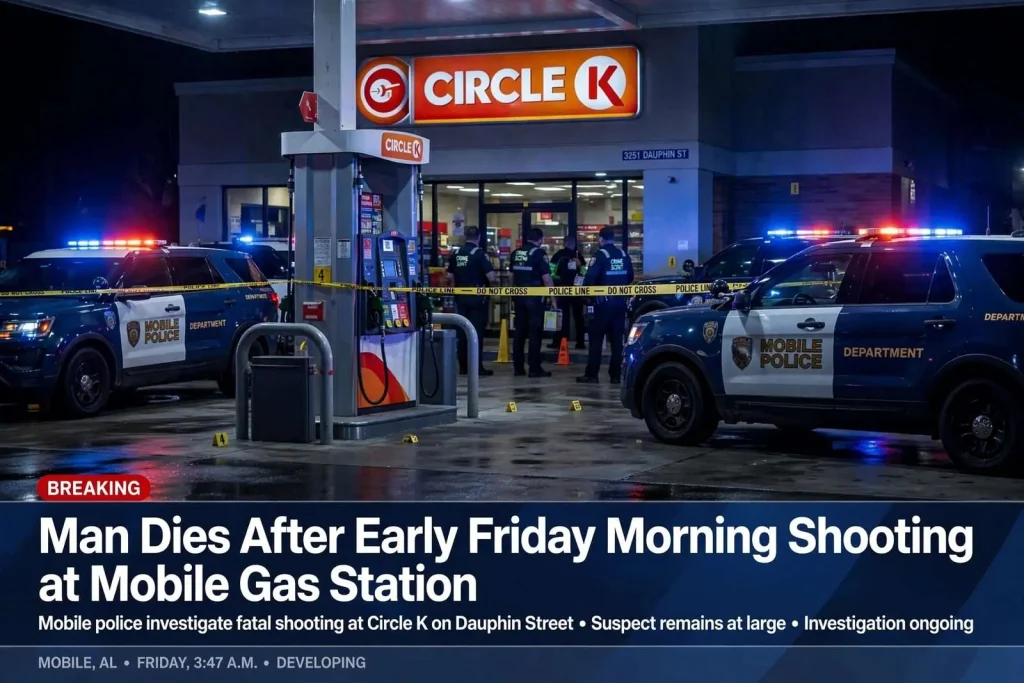 Illustration for the news story: Man Dies After Early Friday Morning Shooting at Mobile Gas Station
