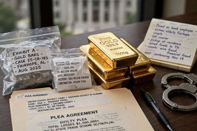 Illustration for the news story: Man Pleads Guilty to $1.5M Gold Bar Fraud Targeting Fairhope Couple