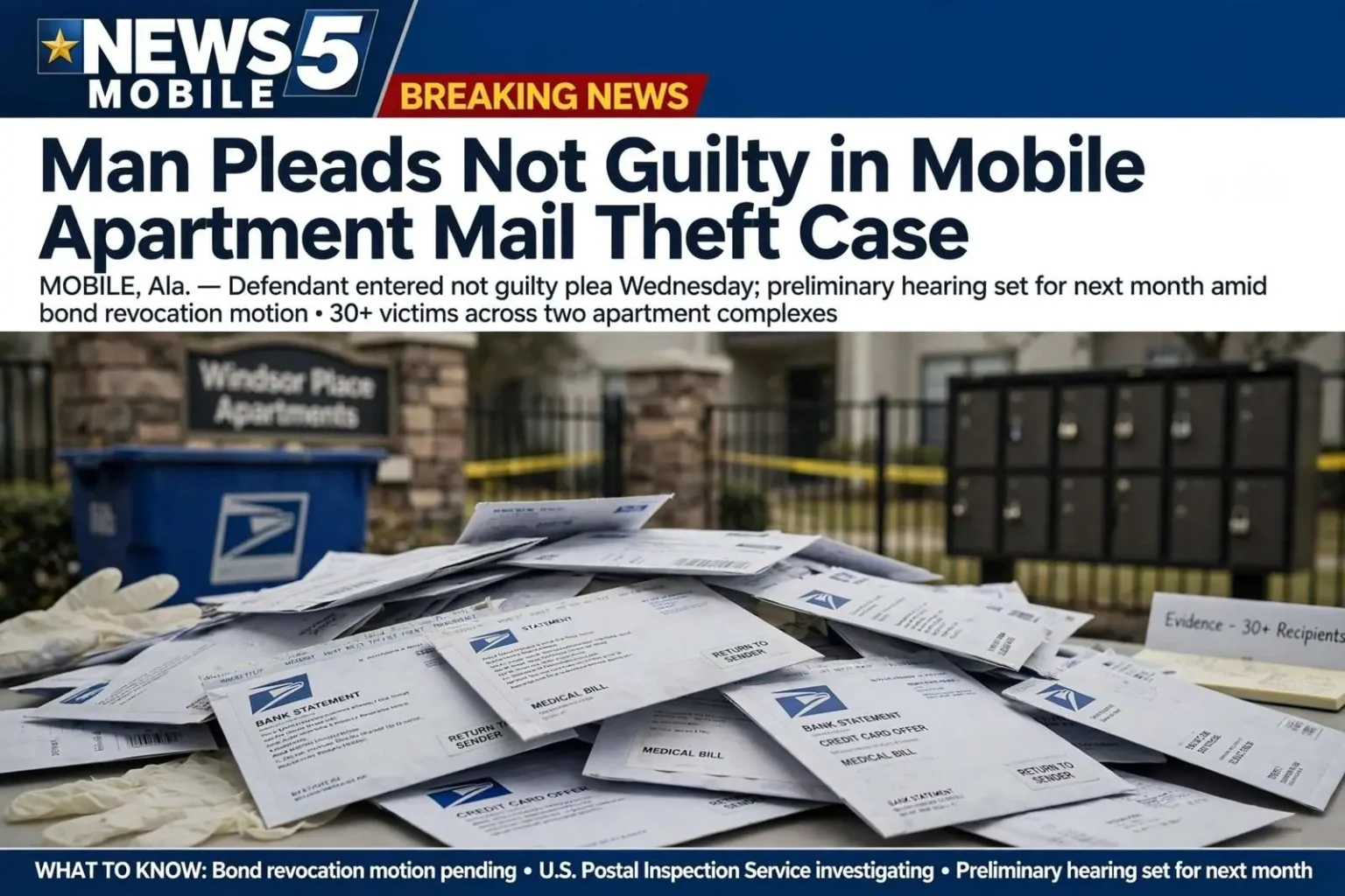 Illustration for the news story: Man Pleads Not Guilty in Mobile Apartment Mail Theft Case
