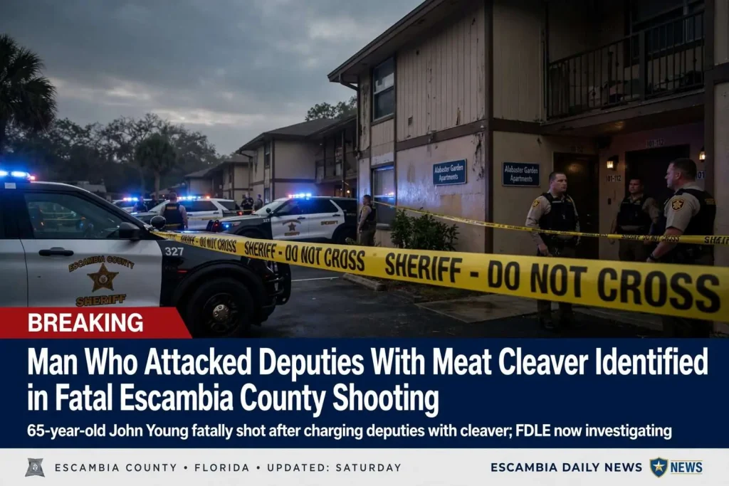 Illustration for the news story: Man Who Attacked Deputies With Meat Cleaver Identified in Fatal Escambia County Shooting