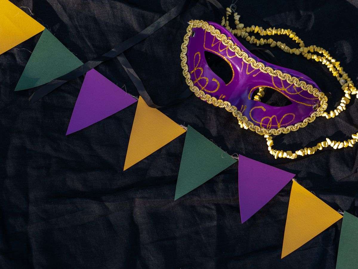 Colorful Mardi Gras carnival masks and festive decorations