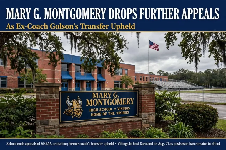 Illustration for the news story: Mary G. Montgomery Drops Further Appeals as Ex-Coach Golson’s Transfer Upheld
