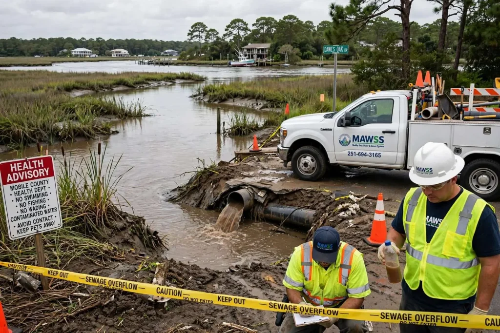 Illustration for the news story: MAWSS Reports Sewage Overflow Into Fowl River After Contractor Breaks Force Main