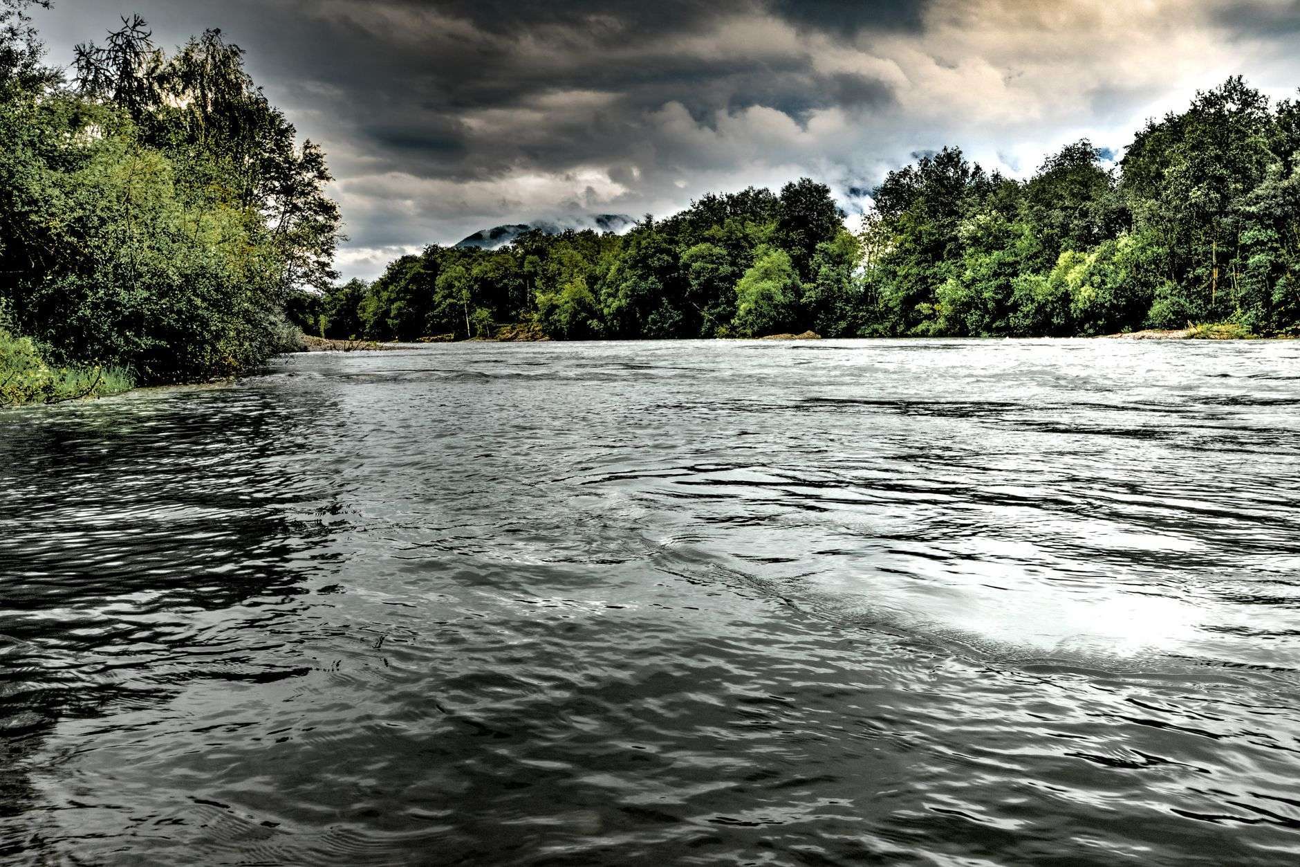 A calm river surrounded by trees