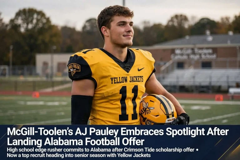 Illustration for the news story: McGill-Toolen’s AJ Pauley Embraces Spotlight After Landing Alabama Football Offer