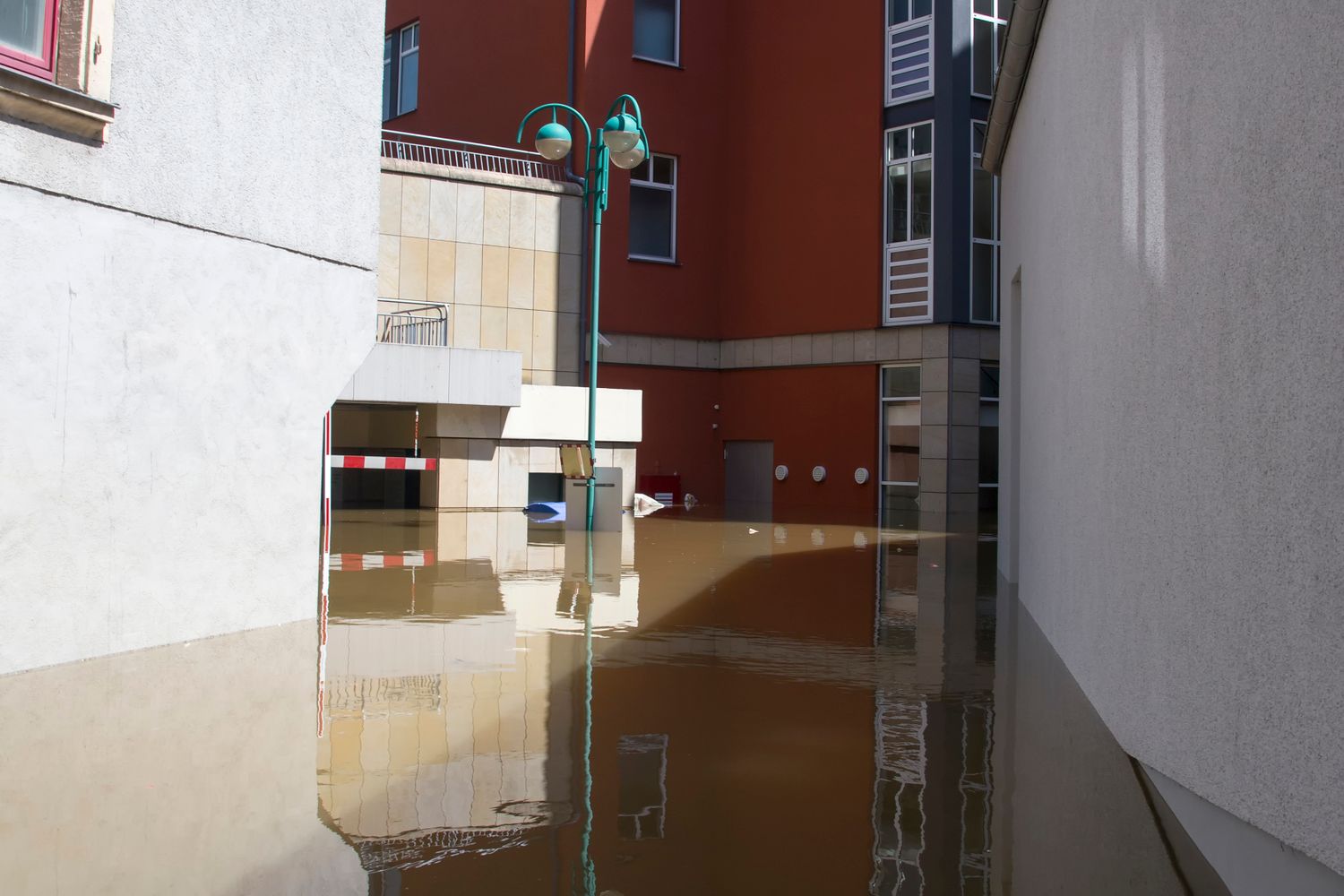 Standing floodwater inside a flooded commercial building basement