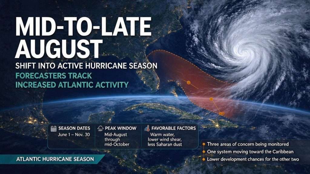Illustration for the news story: Forecasters Say Mid-to-Late August Marks Shift Into Active Stretch of Hurricane Season