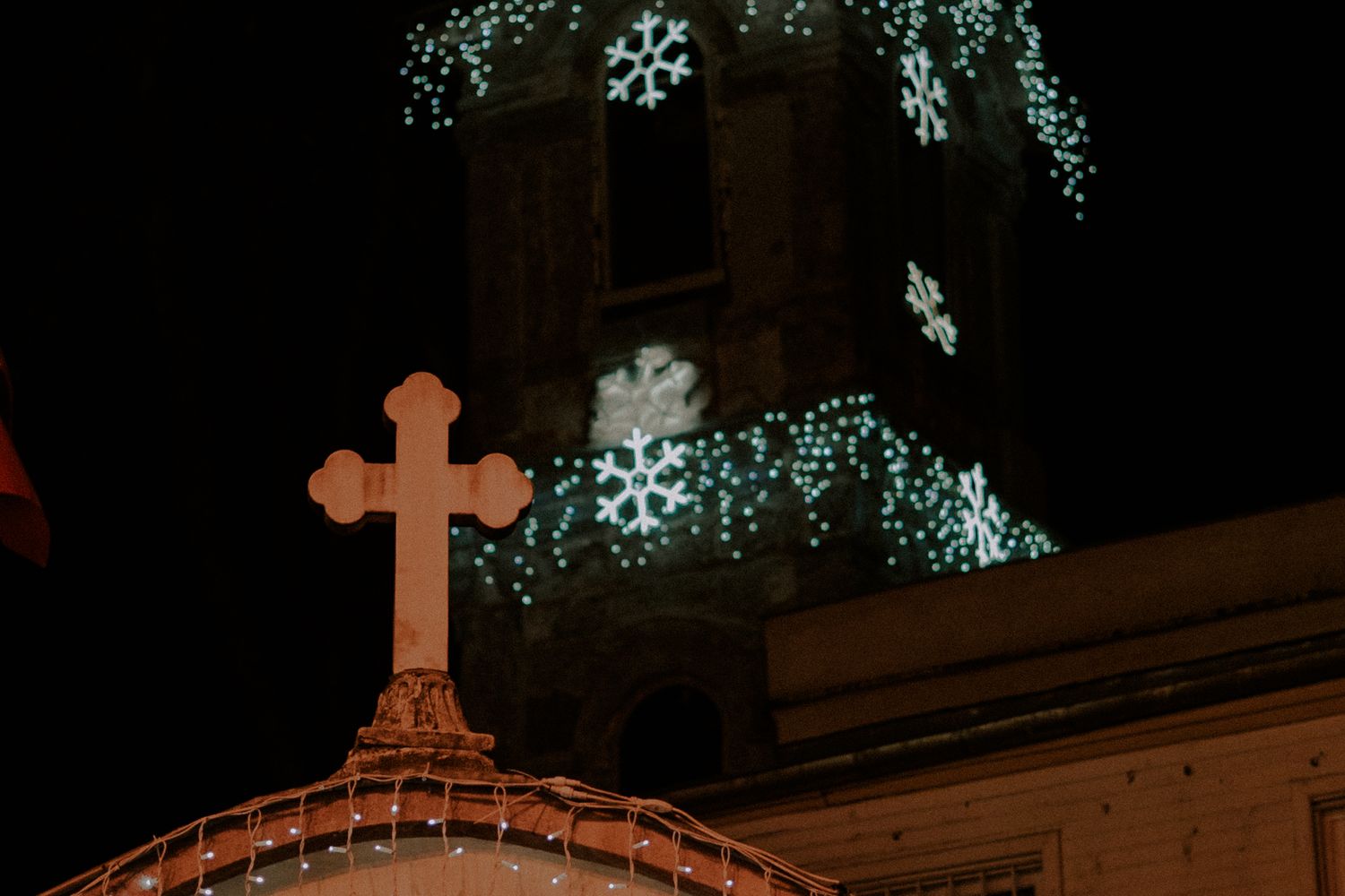 A church building on a cold winter evening