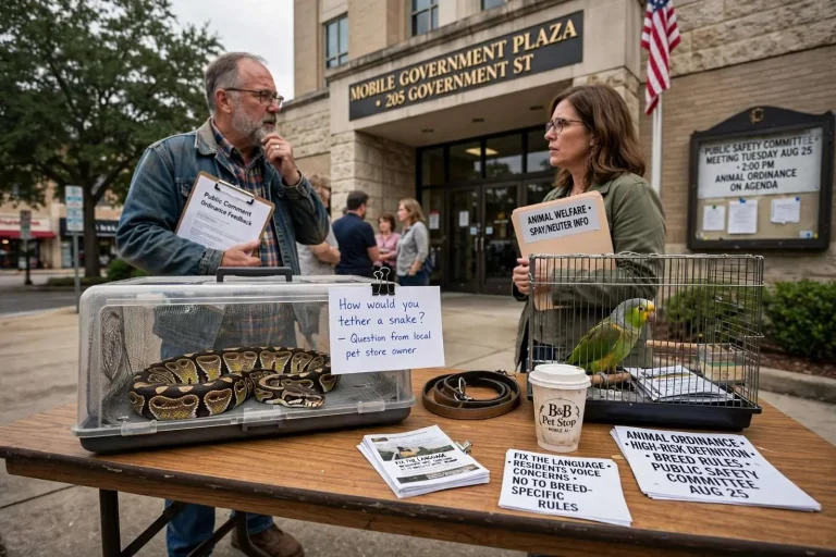 Illustration for the news story: ‘How Would You Tether a Snake?’ Mobile’s Animal Ordinance Heads to Committee After Residents Pick It Apart