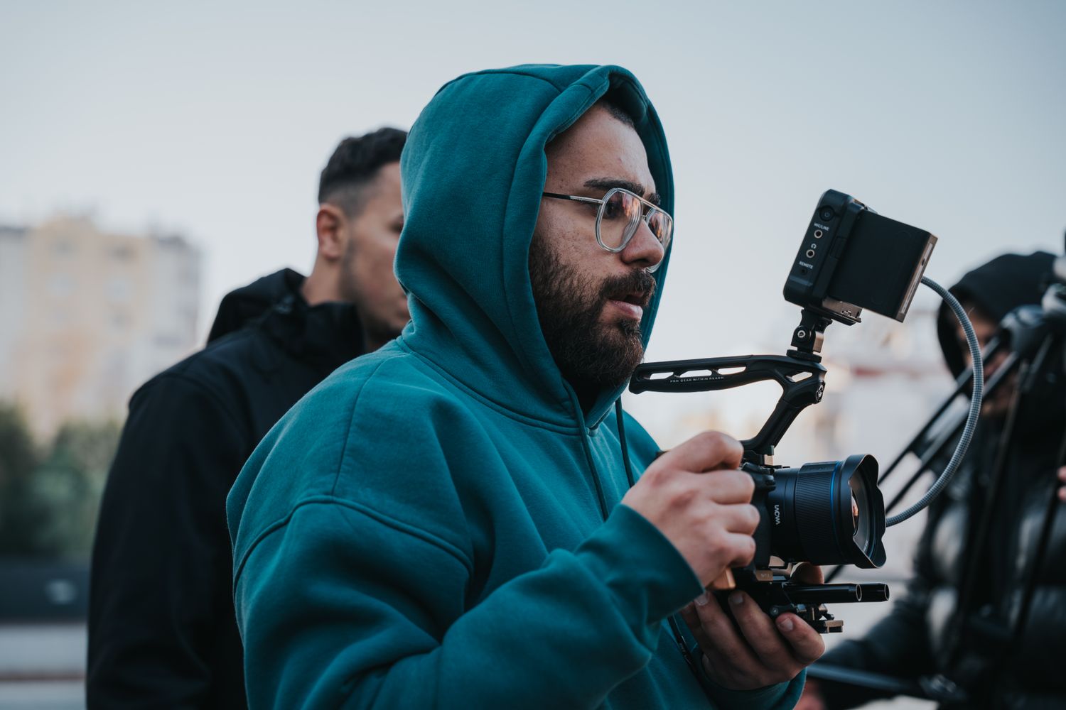 Filmmakers collaborating on an independent short film shoot