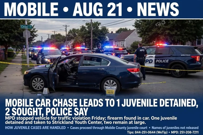 Illustration for the news story: Mobile car chase leads to 1 juvenile detained, 2 sought, police say